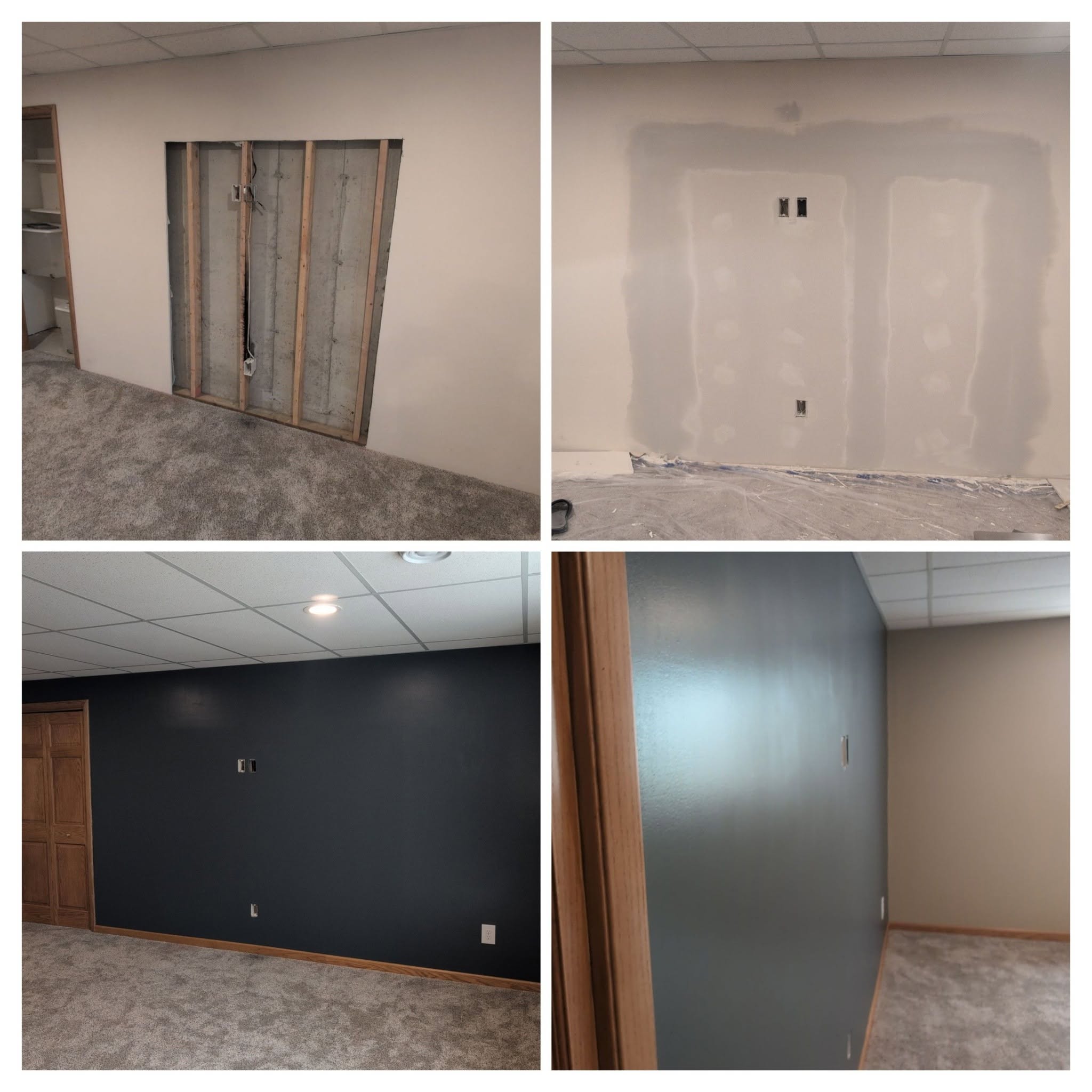 Basement wall drywalled and finished as a dark accent wall
