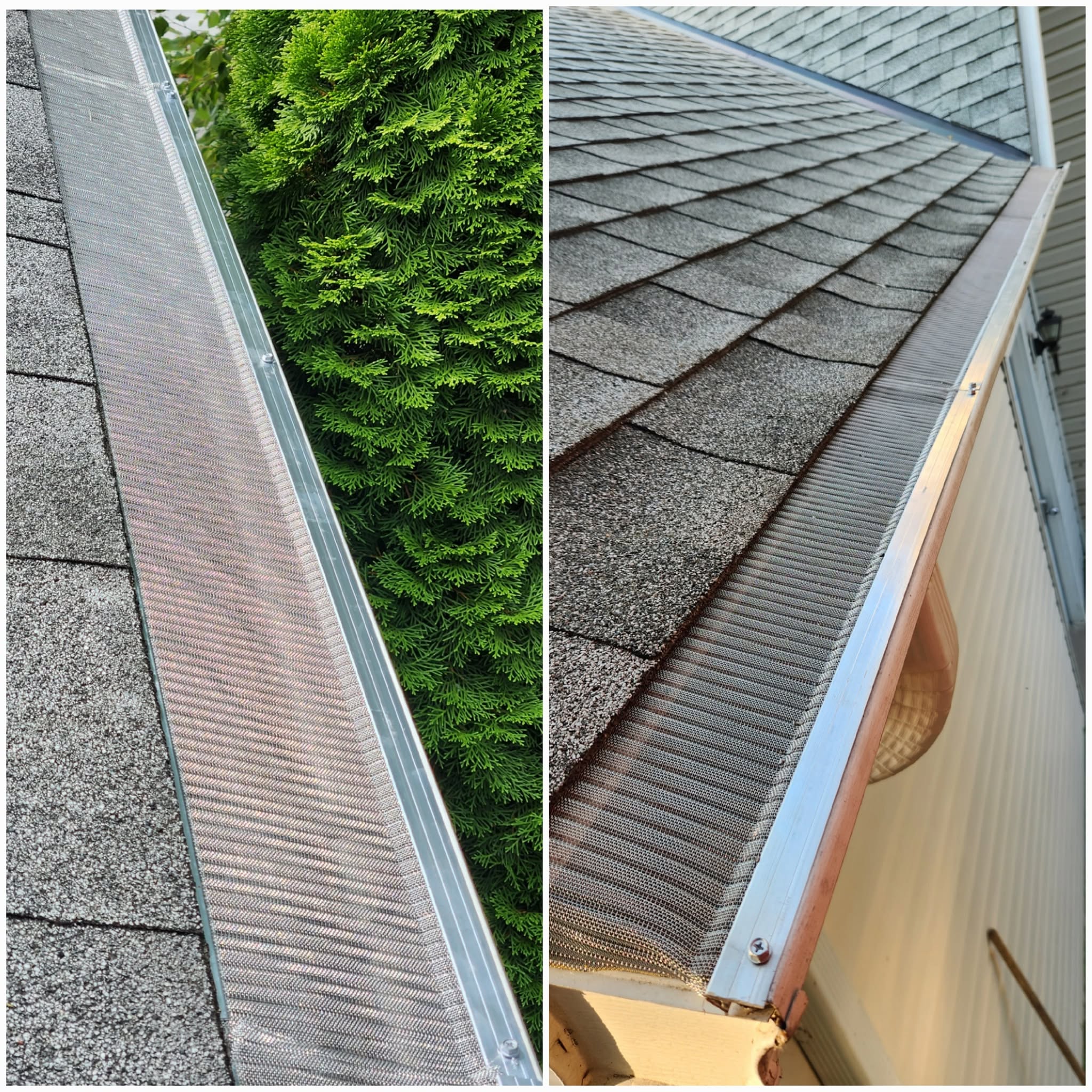 Gutter guards installed along a roof edge