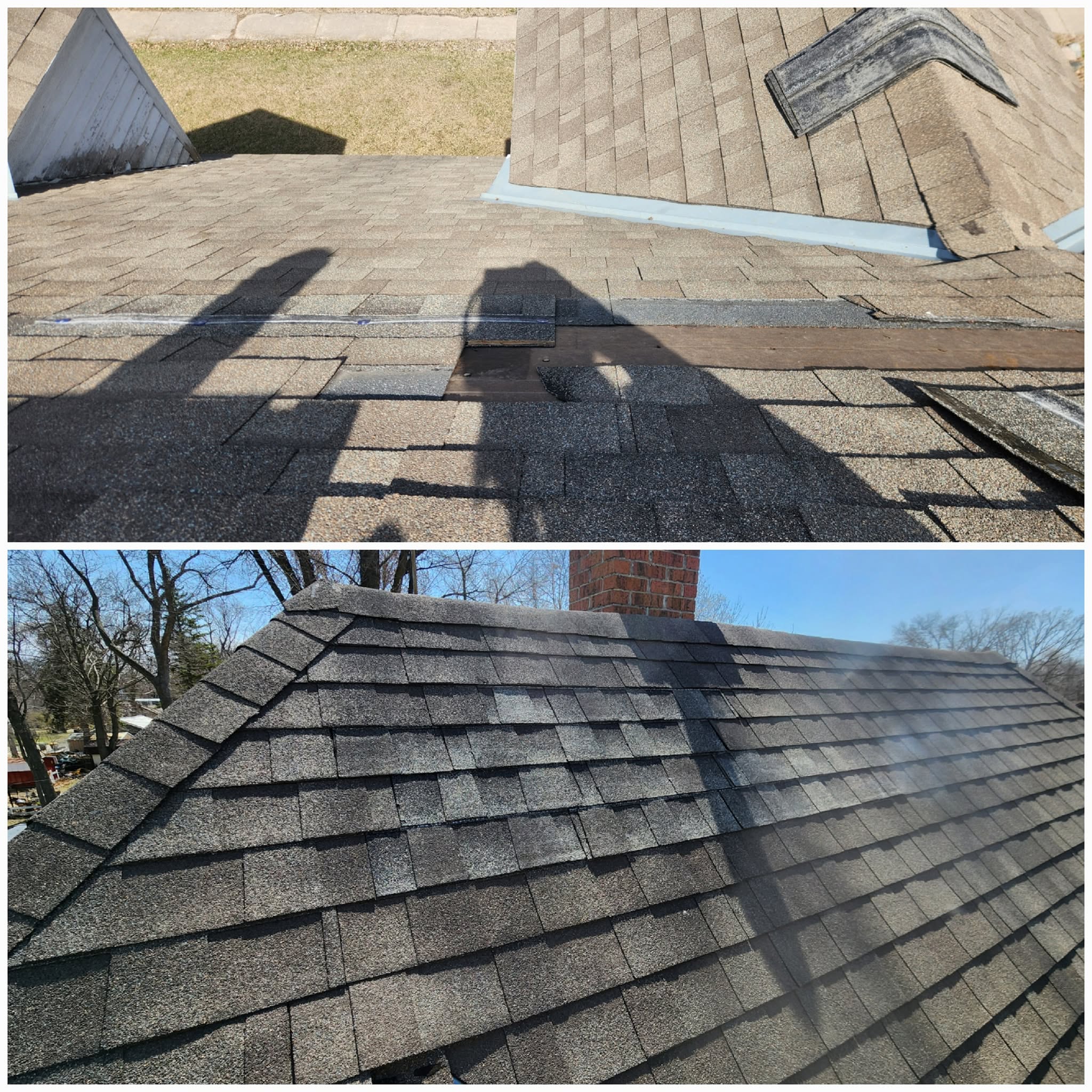Missing roof shingles replaced and blended in