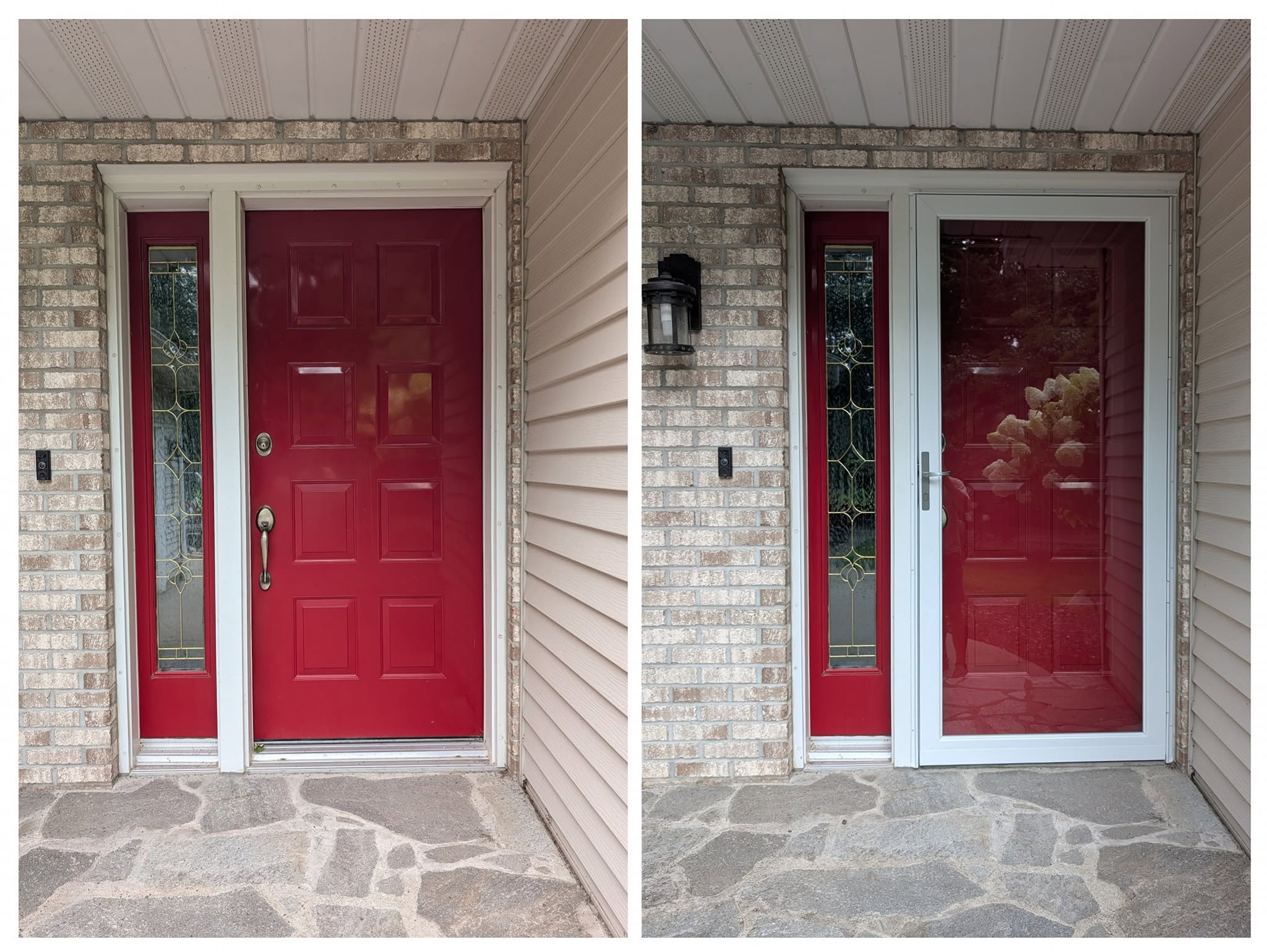 Storm door installed over a red entry door